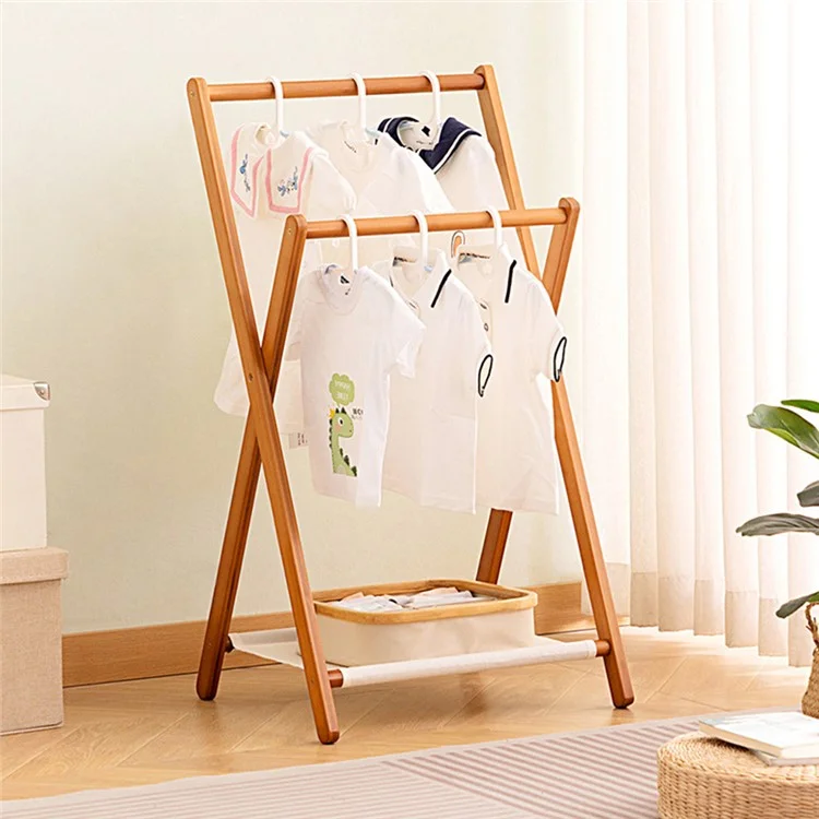 Rack de rangement pour vêtements à double tige en bambou pliable, style bas / Largeur 50 cm