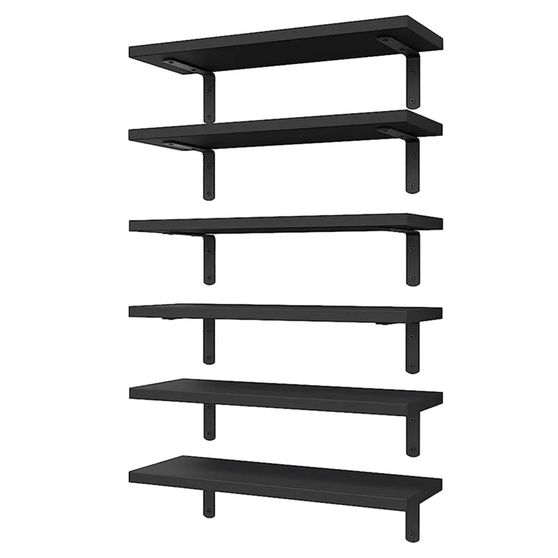 6Pcs / Set Wall Floating Shelves for Bedroom Iron + Wood Wall Mounted Storage Rack - Black