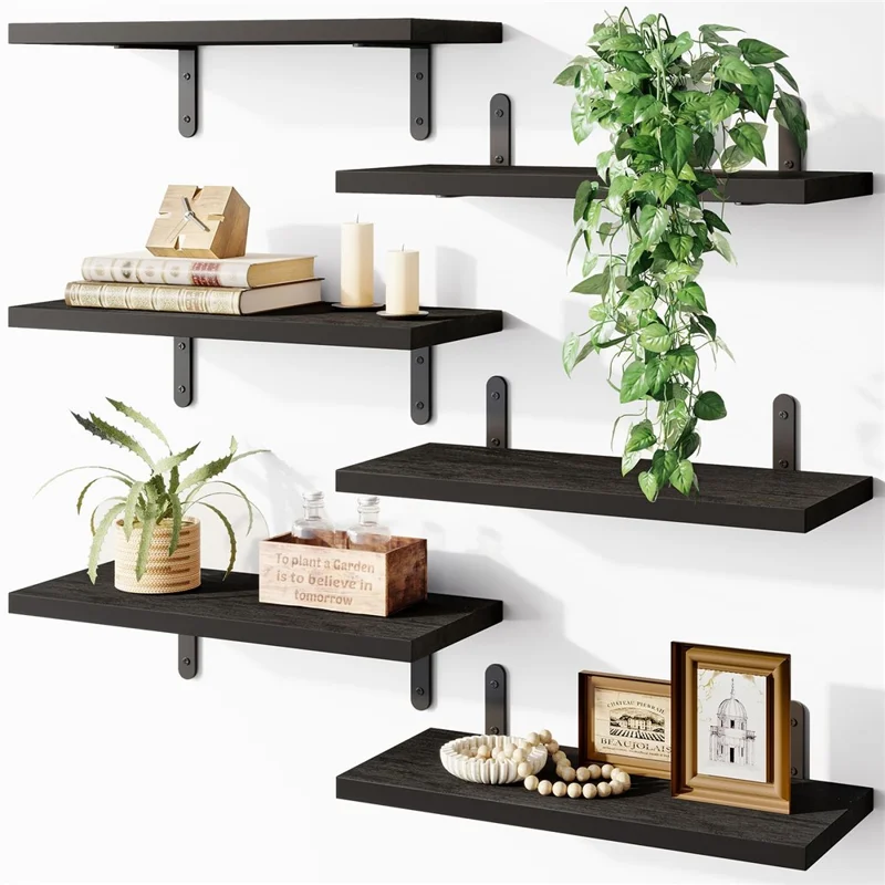 6Pcs / Set Wall Floating Shelves for Bedroom Iron + Wood Wall Mounted Storage Rack - Black