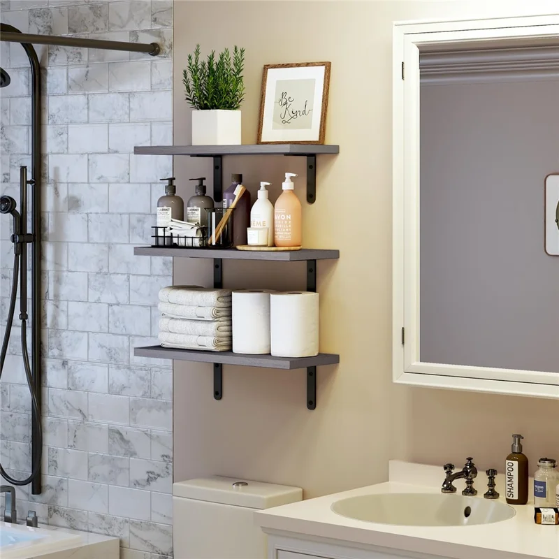 6Pcs / Set Wall Floating Shelves for Bedroom Iron + Wood Wall Mounted Storage Rack - Black