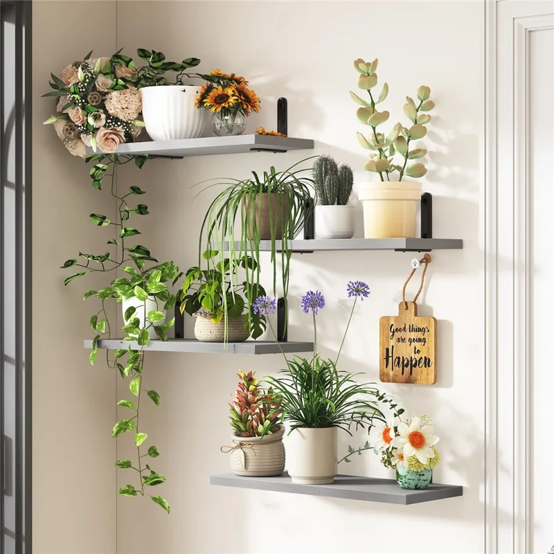 6Pcs / Set Wall Floating Shelves for Bedroom Iron + Wood Wall Mounted Storage Rack - Black