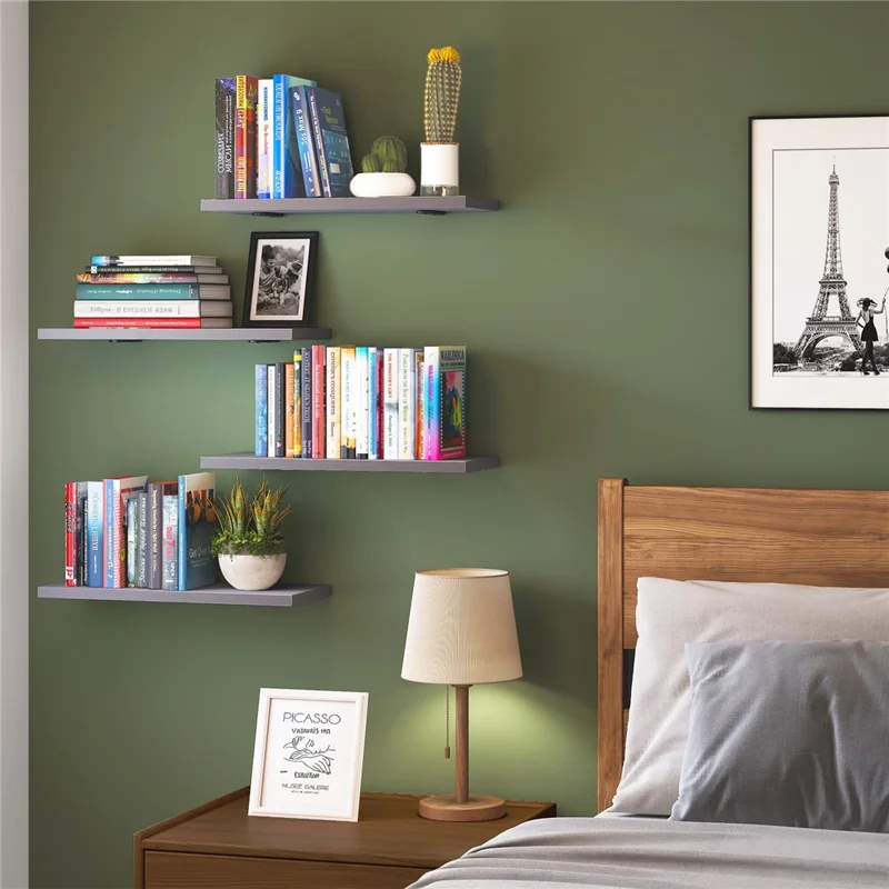 6Pcs / Set Wall Floating Shelves for Bedroom Iron + Wood Wall Mounted Storage Rack - Black