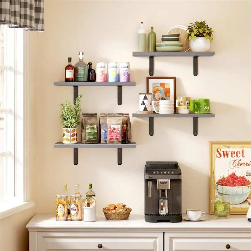 6Pcs / Set Wall Floating Shelves for Bedroom Iron + Wood Wall Mounted Storage Rack - Black