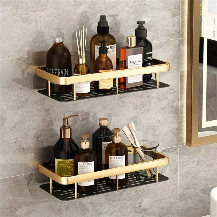 Scaffale Per Bagno in Alluminio Senza Punzonatura, Rettangolare a Strato Singolo a Bordo Largo - Nero+oro