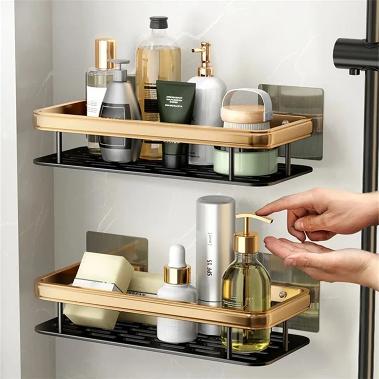 Scaffale Per Bagno in Alluminio Senza Punzonatura, Rettangolare a Strato Singolo a Bordo Largo - Nero+oro
