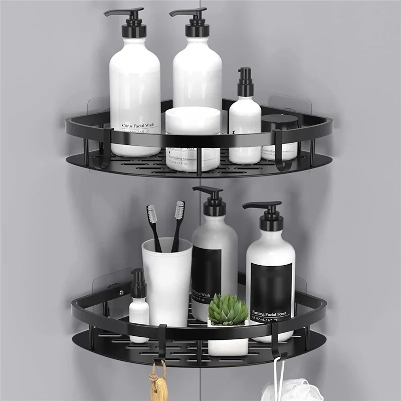 Scaffale per Organizzazione del Bagno in Alluminio Senza Foratura, Bordo Largo Singolo Strato a Triangolo - Nero