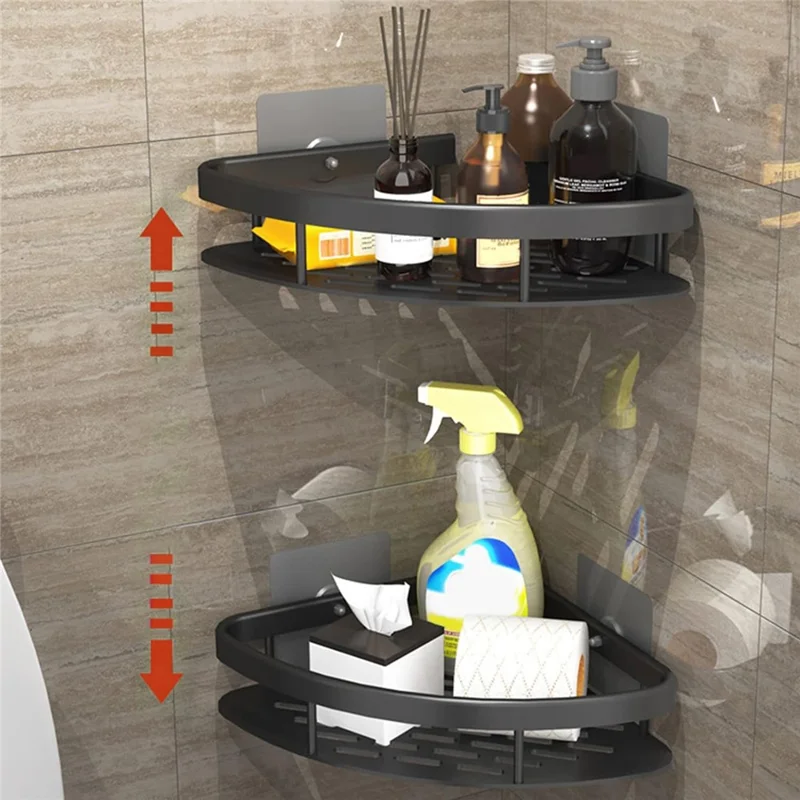 Scaffale per Organizzazione del Bagno in Alluminio Senza Foratura, Bordo Largo Singolo Strato a Triangolo - Nero