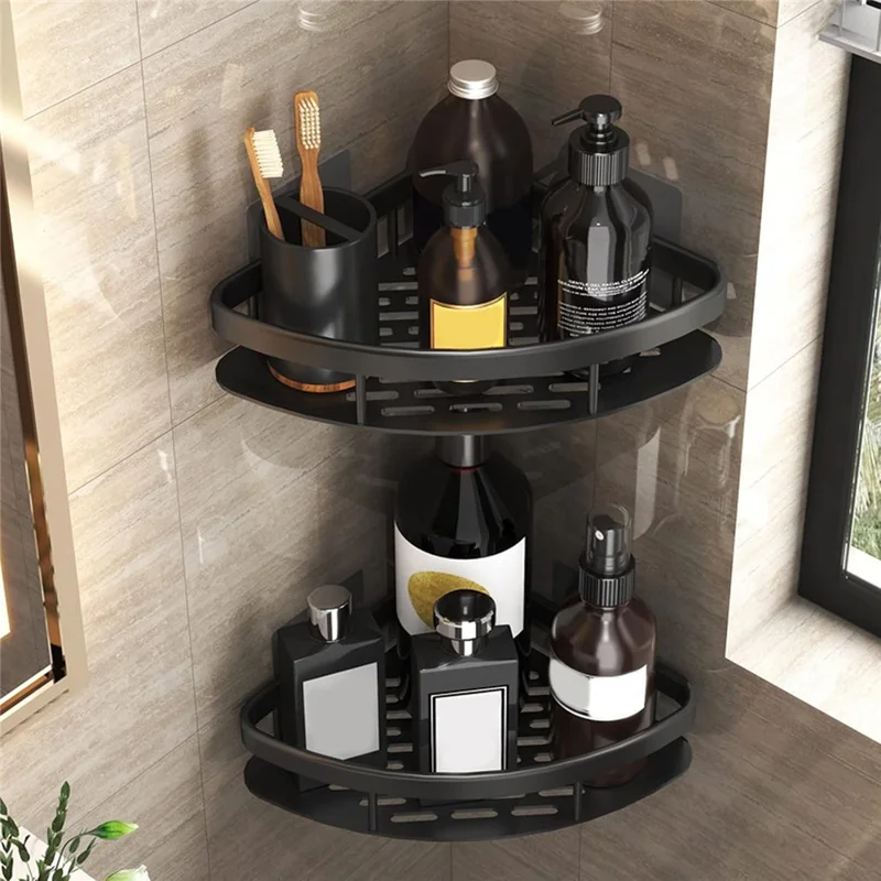 Scaffale per Organizzazione del Bagno in Alluminio Senza Foratura, Bordo Largo Singolo Strato a Triangolo - Nero