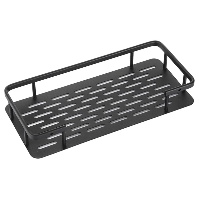 Punch-Free Aluminum Storage Rack Bathroom Organization Shelf, Narrow Edge Single Layer Rectangular - Black