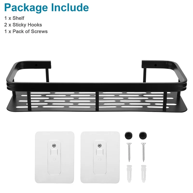 Punch-Free Aluminum Storage Rack Bathroom Organization Shelf, Narrow Edge Single Layer Rectangular - Black