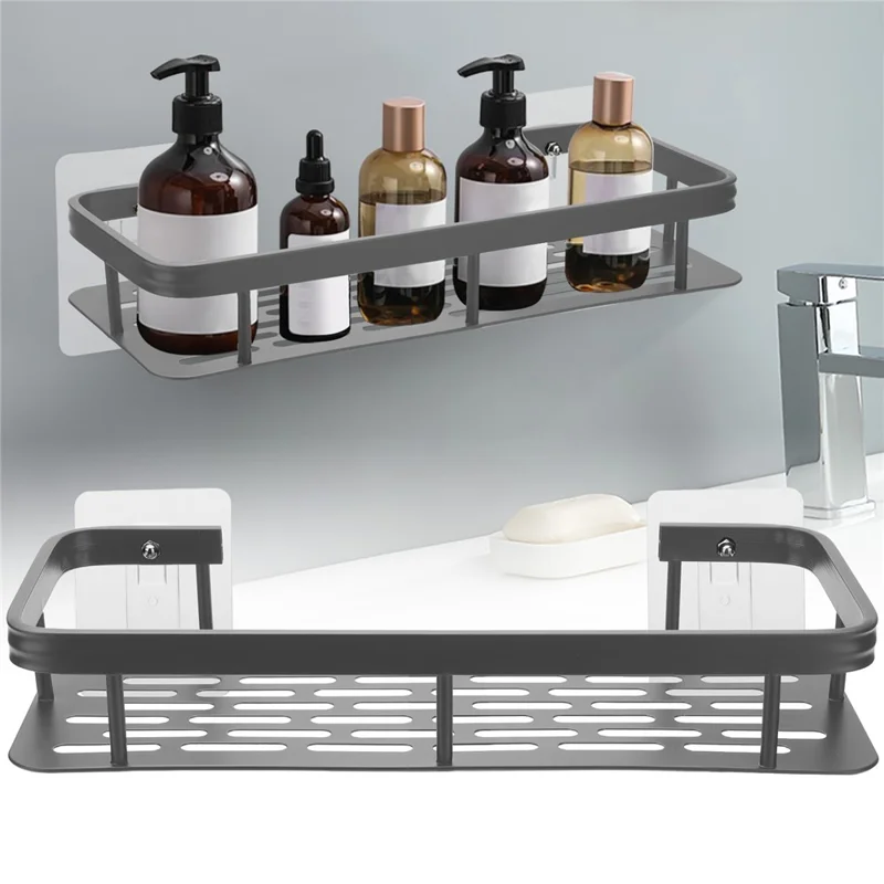 Punch-Free Aluminum Storage Rack Bathroom Organization Shelf, Narrow Edge Single Layer Rectangular - Black