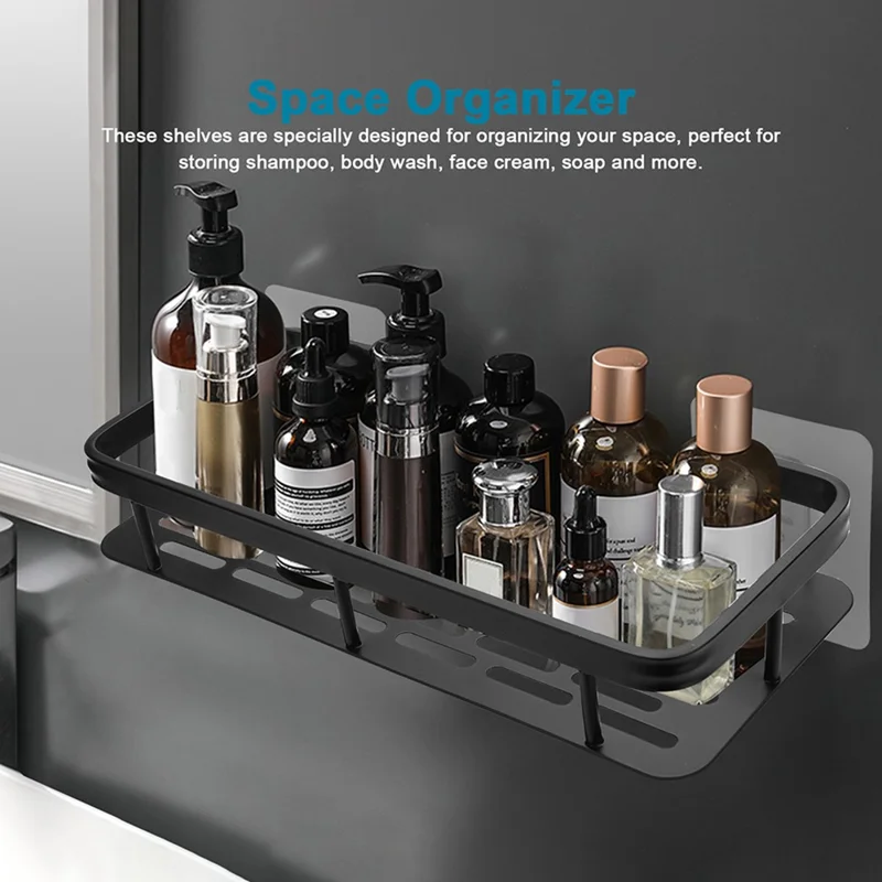 Punch-Free Aluminum Storage Rack Bathroom Organization Shelf, Narrow Edge Single Layer Rectangular - Black