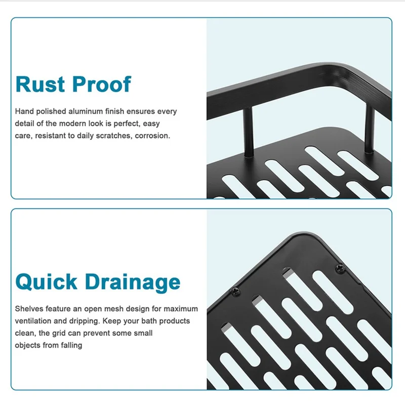 Punch-Free Aluminum Storage Rack Bathroom Organization Shelf, Narrow Edge Single Layer Rectangular - Black