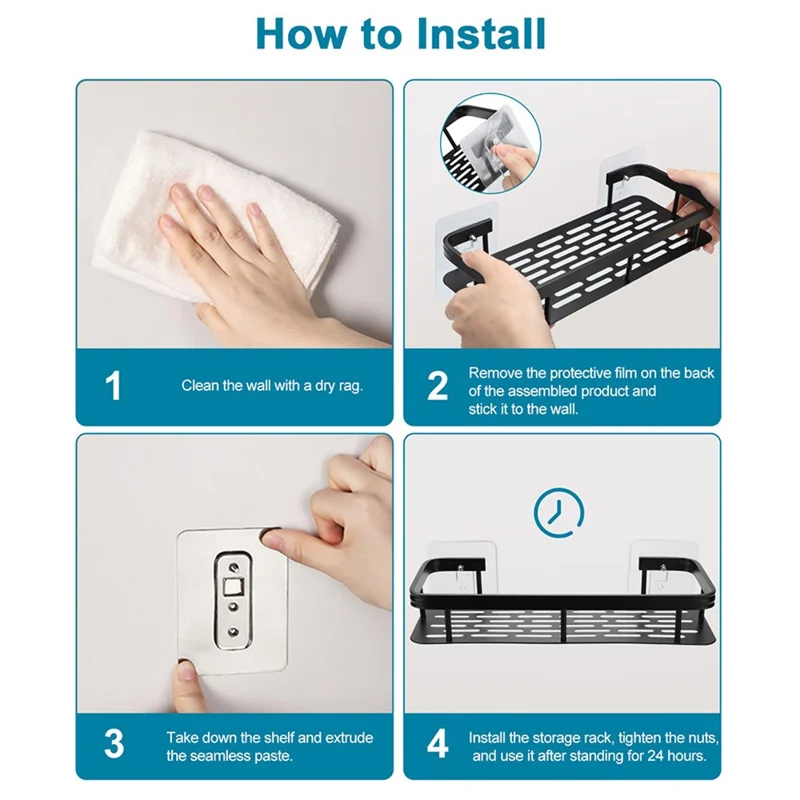 Punch-Free Aluminum Storage Rack Bathroom Organization Shelf, Narrow Edge Single Layer Rectangular - Black