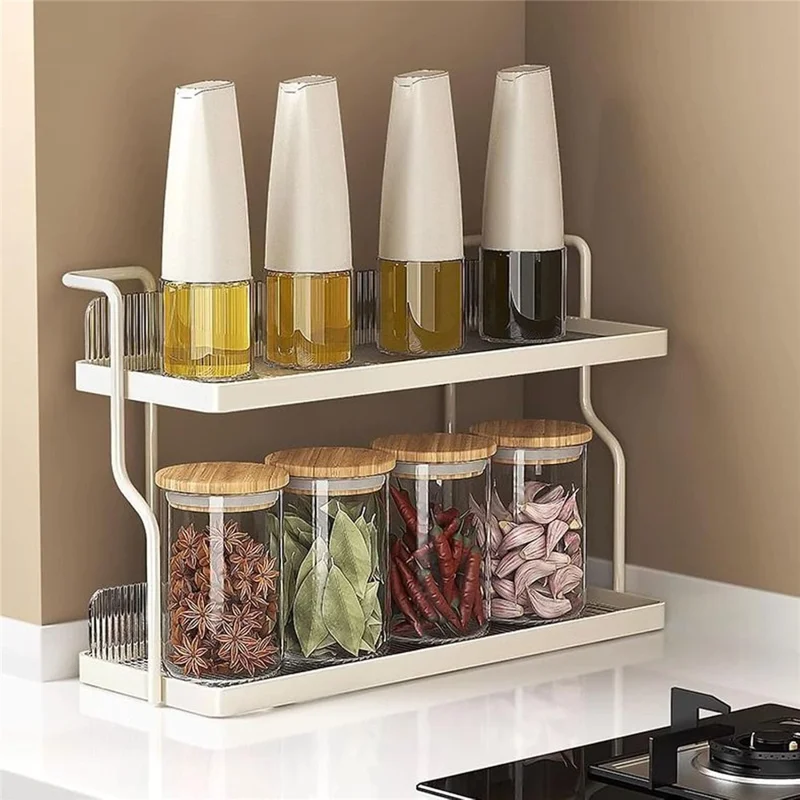 Dual Layer Kitchen Spice Cup Rack Countertop Wall Mounted Carbon Steel Storage Rack