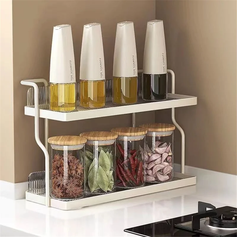 Dual Layer Kitchen Spice Cup Rack Countertop Wall Mounted Carbon Steel Storage Rack