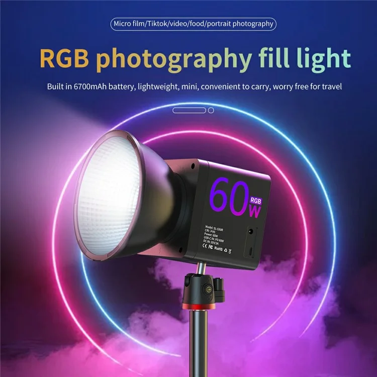 C60R Professional 60W Video Photography COB Fill Light RGB Stage Lamp, with 4 Batteries - Spina EU