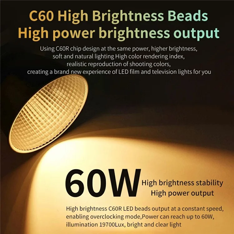 C60R Professional 60W Video Photography COB Fill Light RGB Stage Lamp, with 4 Batteries - Spina EU