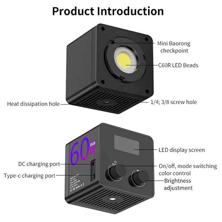 C60R Professional 60W Video Photography COB Fill Light RGB Stage Lamp, with 4 Batteries - Spina EU