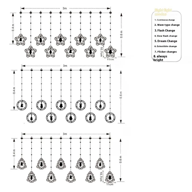 3m Christmas Hanging LED String Lights with 8 Light Modes USB Power for Curtain Window EU Plug - Stars  /  Colorful