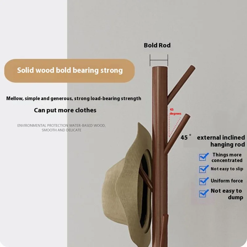 Coat Rack Stand Wooden Coat Tree Shaped Hanger Stand Freestanding with Sturdy Round Base - Yellow