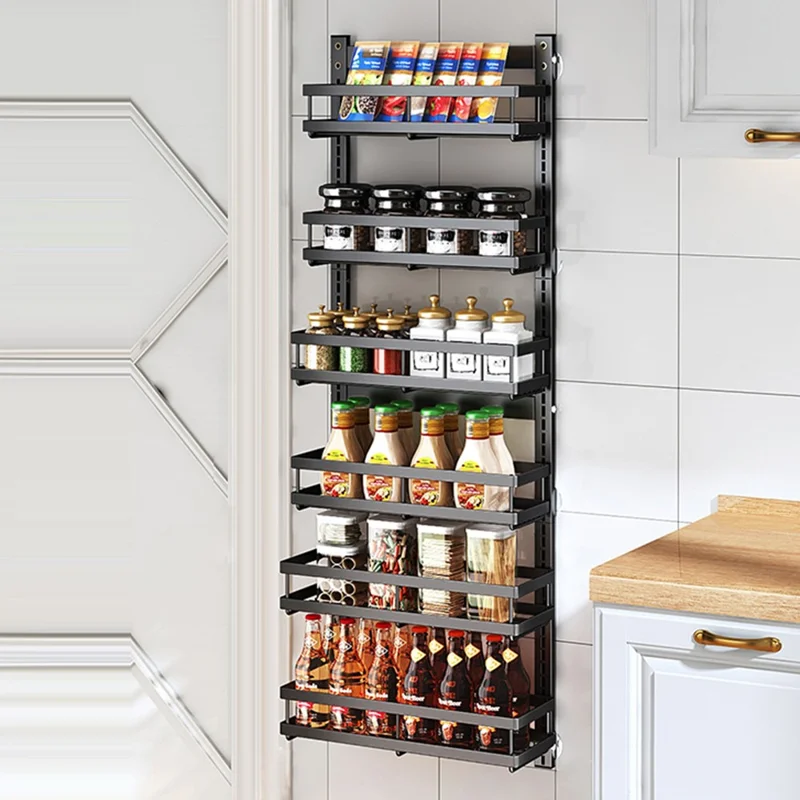 6 Tier Drill Free Wall Mounted Storage Rack Carbon Steel Kitchen Spice Organizer Shelf - Black