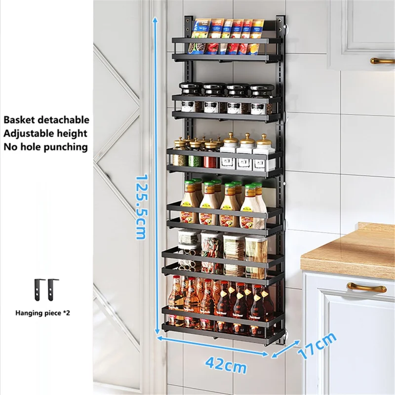 6 Tier Drill Free Wall Mounted Storage Rack Carbon Steel Kitchen Spice Organizer Shelf - Black
