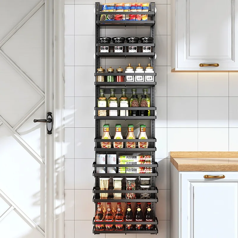 6 Tier Drill Free Wall Mounted Storage Rack Carbon Steel Kitchen Spice Organizer Shelf - Black