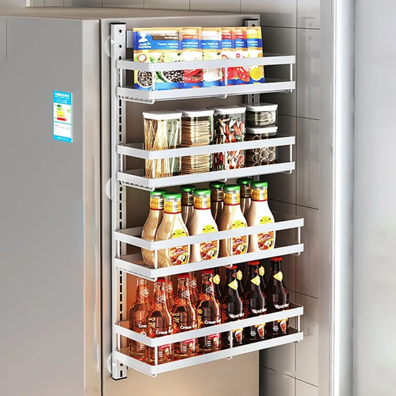 4 Tier Drill Free Wall Mounted Storage Rack Carbon Steel Kitchen Spice Organizer Shelf - White