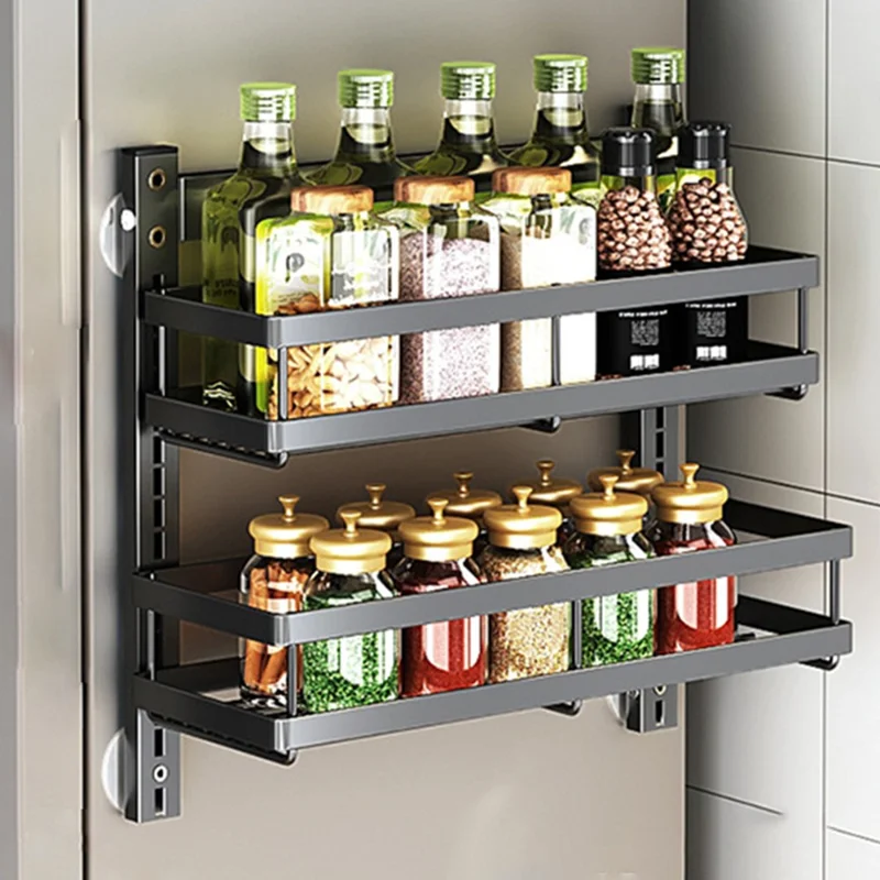 2 Tier Drill Free Wall Mounted Storage Rack Carbon Steel Kitchen Spice Organizer Shelf - Black