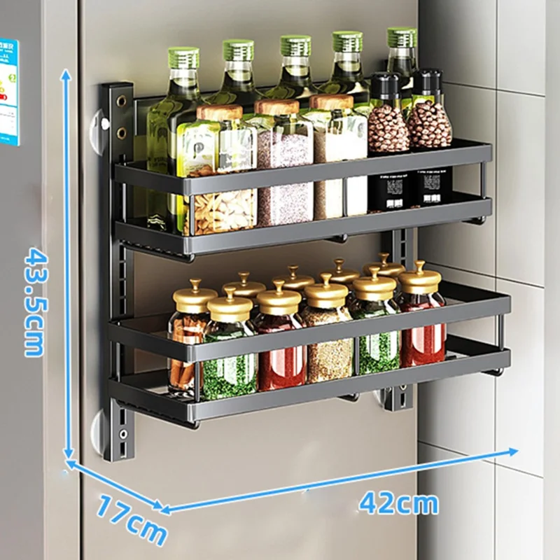 2 Tier Drill Free Wall Mounted Storage Rack Carbon Steel Kitchen Spice Organizer Shelf - Black