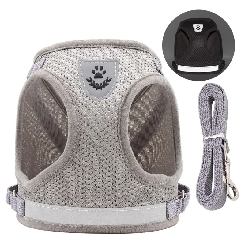 Summer Breathable Reflective Pet Dog Harness Puppy Gift Vest with Traction Rope - Grey S