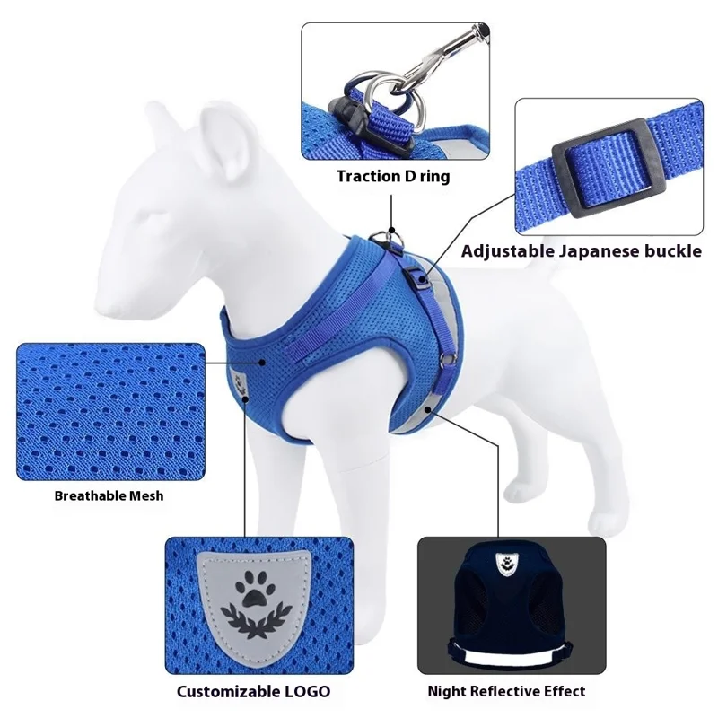 Summer Breathable Reflective Pet Dog Harness Puppy Gift Vest with Traction Rope - Grey S