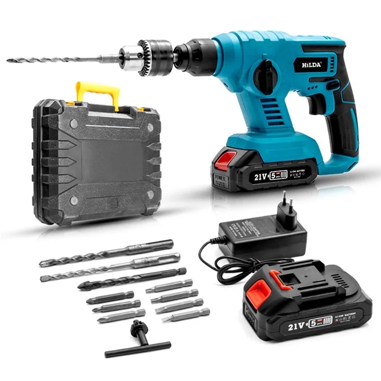 HILDA Rechargeable Electric Hammer Electric Impact Drill Wall Drilling Tools Set, EU Plug Charger + 1 Battery