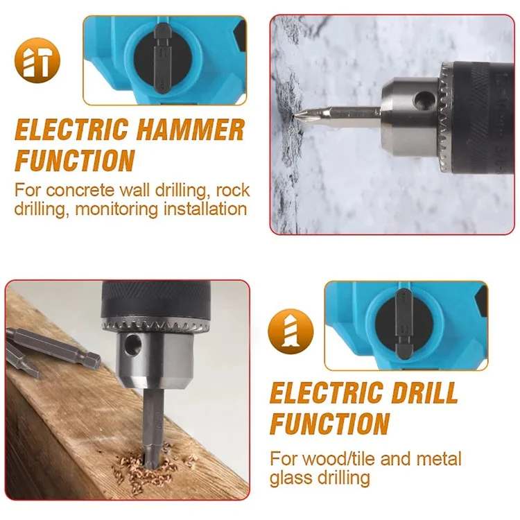 HILDA Rechargeable Electric Hammer Electric Impact Drill Wall Drilling Tools Set, EU Plug Charger + 1 Battery