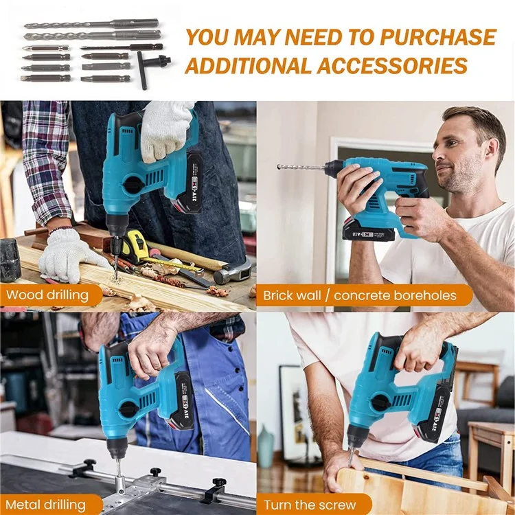 HILDA Rechargeable Electric Hammer Electric Impact Drill Wall Drilling Tools Set, EU Plug Charger + 1 Battery