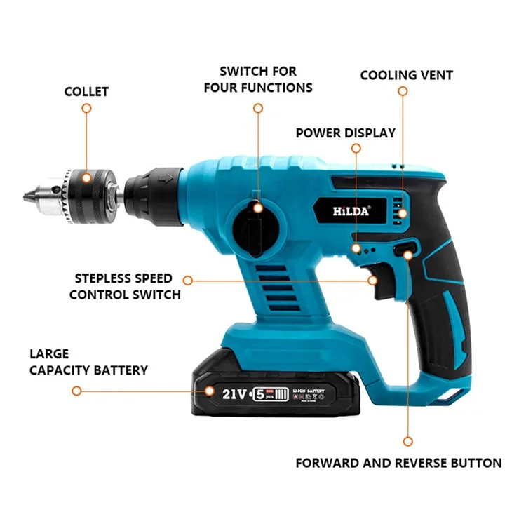 HILDA Rechargeable Electric Hammer Electric Impact Drill Wall Drilling Tools Set, EU Plug Charger + 1 Battery