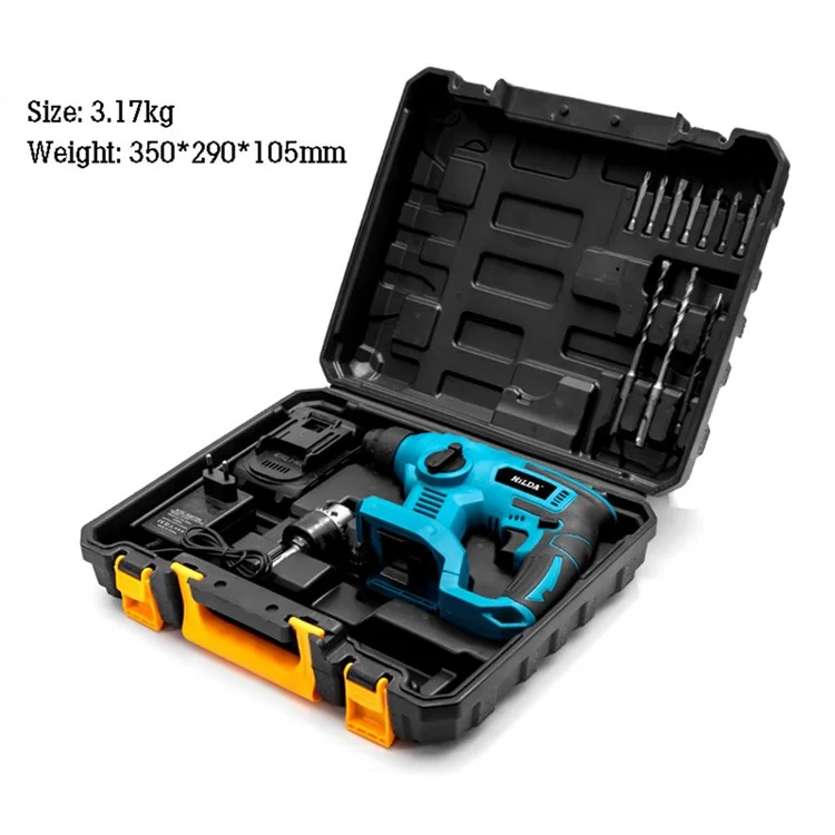 HILDA Rechargeable Electric Hammer Electric Impact Drill Wall Drilling Tools Set, EU Plug Charger + 1 Battery