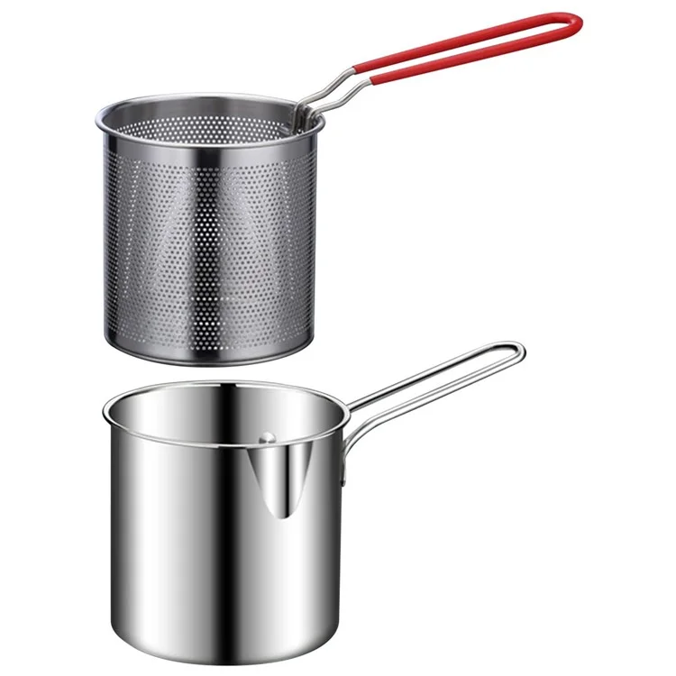304 Stainless Steel Frying Pan with Strainer Basket and Handle Deep Frying Pot for Frying Fish Shrimp