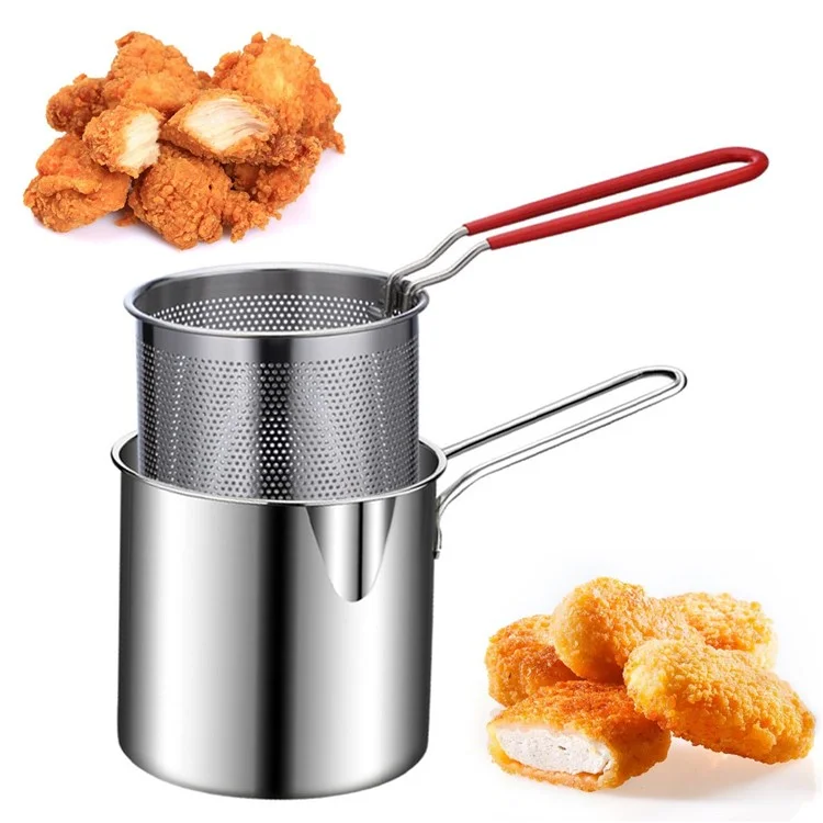 304 Stainless Steel Frying Pan with Strainer Basket and Handle Deep Frying Pot for Frying Fish Shrimp