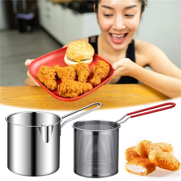 304 Stainless Steel Frying Pan with Strainer Basket and Handle Deep Frying Pot for Frying Fish Shrimp