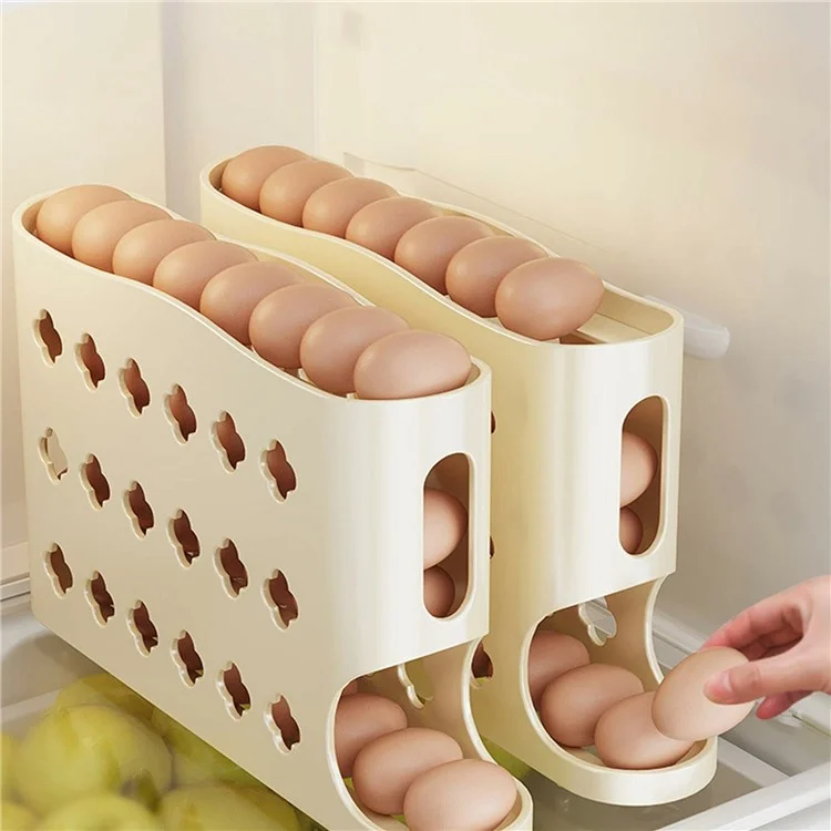 Auto Rolling Egg Holder Refrigerator Door Kitchen 4-Layer 30 Eggs PP Storage Box (BPA-Free, No FDA) - Cream Color