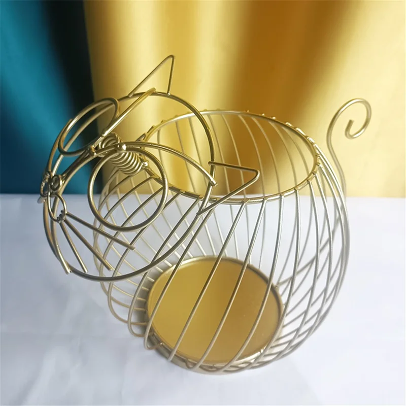 Cartoon Cat Coffee Capsule Holder Hollow Iron Rack Snacks Candy Metal Storage Basket, Size L / Gold
