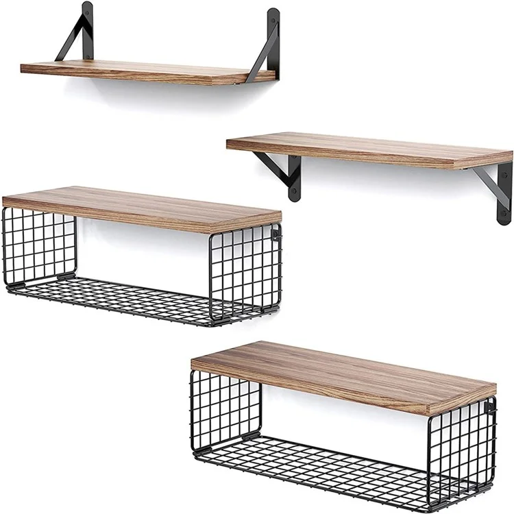 4 pièces / Ensemble d'étagères flottantes murales en fer panier de rangement Rack organisateur de maison étagère - Marron clair
