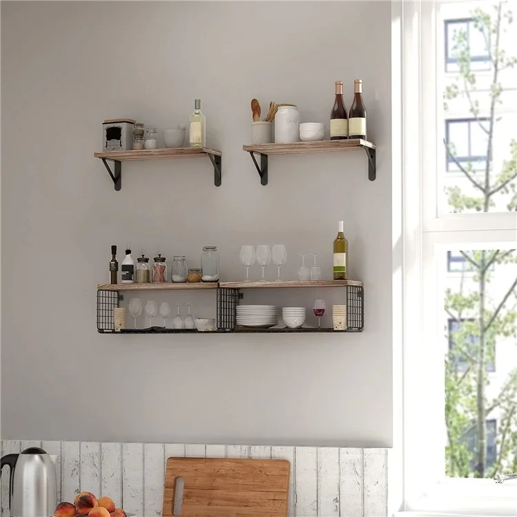 4 pièces / Ensemble d'étagères flottantes murales en fer panier de rangement Rack organisateur de maison étagère - Marron clair