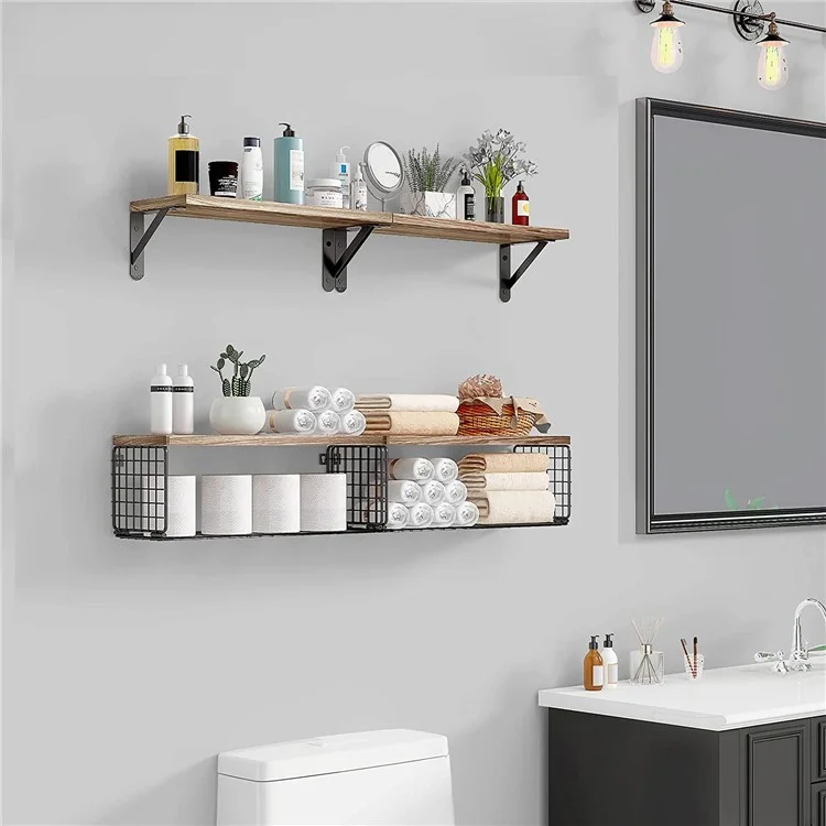 4 pièces / Ensemble d'étagères flottantes murales en fer panier de rangement Rack organisateur de maison étagère - Marron clair