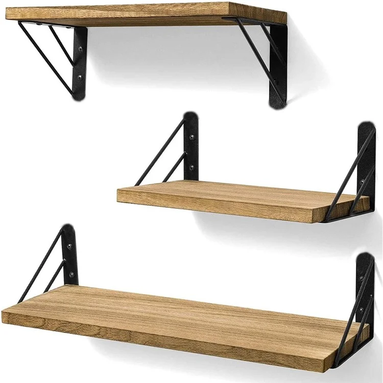 3 pzs / Juego de estantes de almacenamiento Tabla de madera Soporte de hierro Montado en la pared Organizador de hogar Estantes - Color de madera