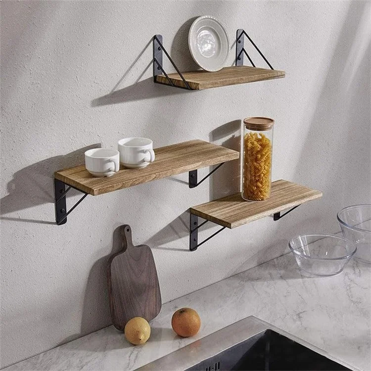3 pzs / Juego de estantes de almacenamiento Tabla de madera Soporte de hierro Montado en la pared Organizador de hogar Estantes - Color de madera