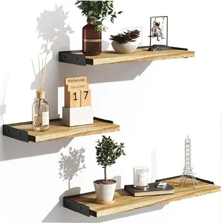 3 pzs / Juego de estantes de almacenamiento Tabla de madera Soporte de hierro Montado en la pared Organizador de hogar Estantes - Color de madera