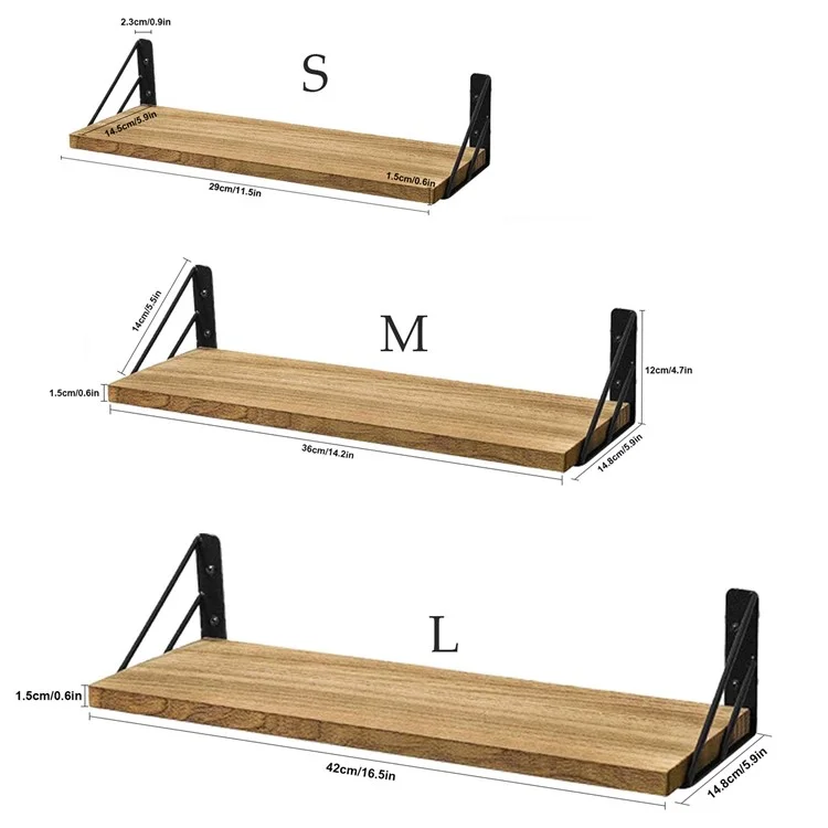 3 pzs / Juego de estantes de almacenamiento Tabla de madera Soporte de hierro Montado en la pared Organizador de hogar Estantes - Color de madera